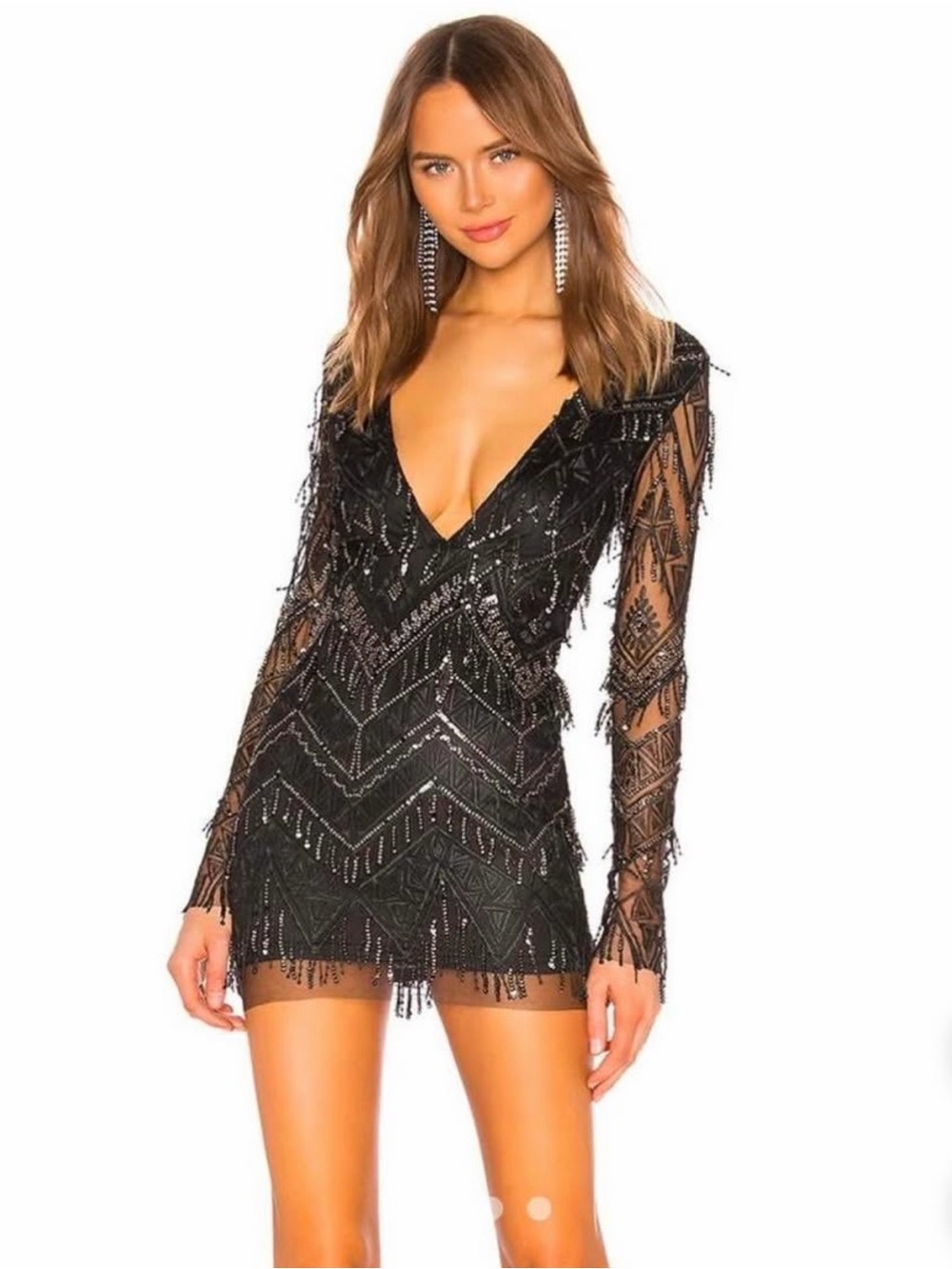 superdown Black Beaded V-Neck Long Sleeve Mini Dress